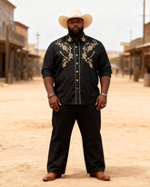 Big & Tall Men's Western Black And Gold Rose Print Long Sleeve Shirt Pants Set